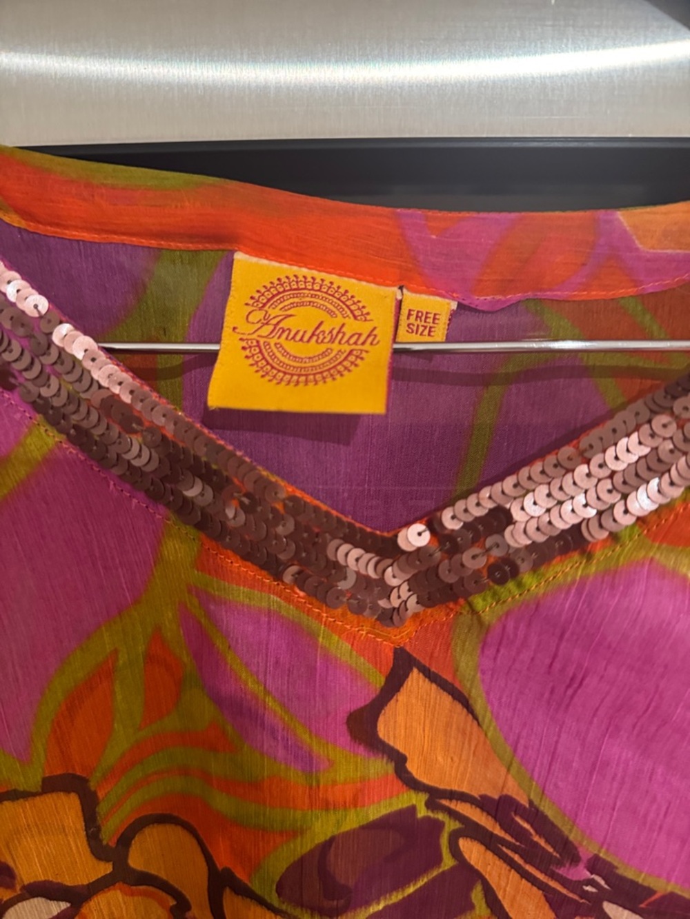 Anukshah Sheer Floral Kaftan Top Sequin Neck Resort Boho Tunic Free Size - Picture 3 of 4